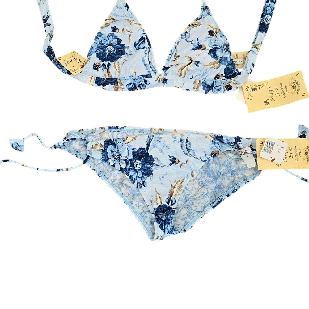 Magic Bra Collection Swim Blue Floral Bikini Set Triangle Top Side Tie Bottom‎ L